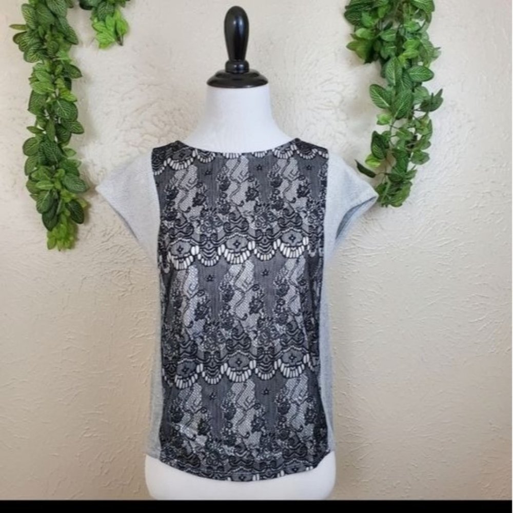 Bar III Lace Overlay Terry Zip T-shirt Top